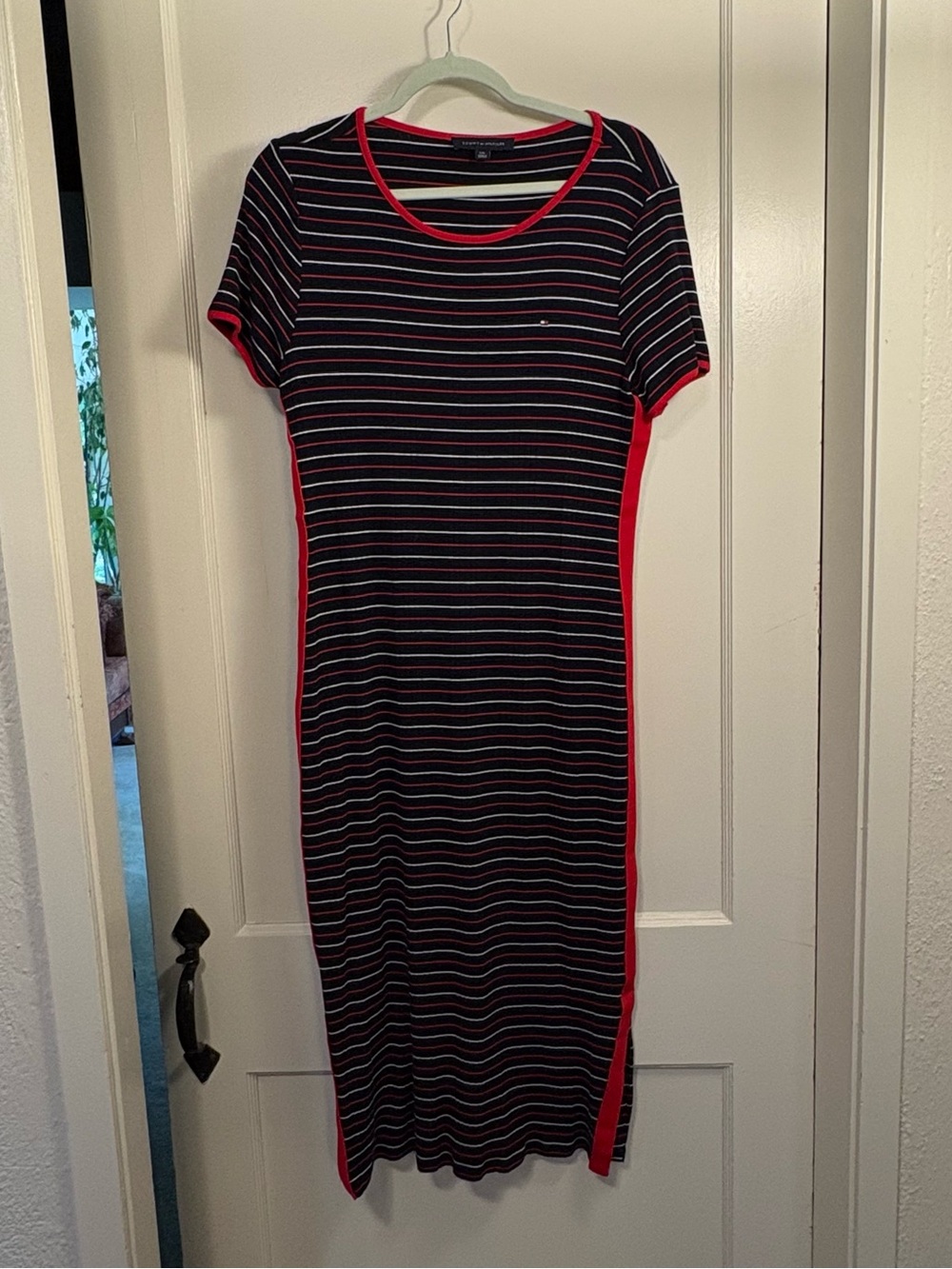 Tommy Hilfiger Striped Short-Sleeve Navy Midi Dress with Red Trim, Size L